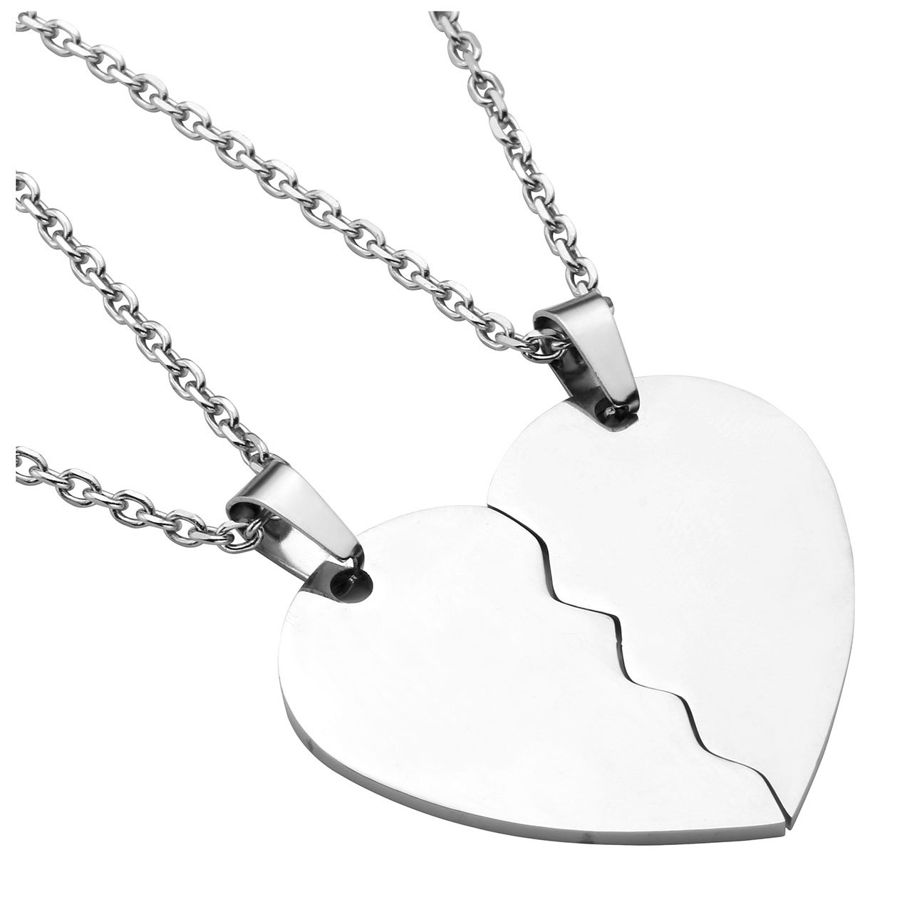 PiercingJak Personalised Engraved 2-Piece Stainless Steel Pendant, 32 mm, Two Half Heart Pendants Necklace, Friendship Chains, Partner Pendant, with 61 cm Chain for Men & Women, Silver, Customisable