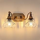 hesoge Vintage Bathroom Light Fixture Antique Brass Vanity Light with Crystal Glass Shade Brushed Gold 2-Light Bathroom Light