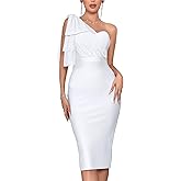 houstil Women's One Shoulder Cocktail Bandage Dress Midi Party Mesh Bow Bodycon Wedding Guest Dresses