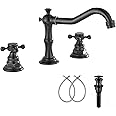 GGStudy Two Handles Three Holes Faucet 8-16 inch Widespread Bathroom Sink Faucet Oil Rubbed Bronze Basin Tap Mixer Supply Hose Included Matching Metal Pop Up Drain