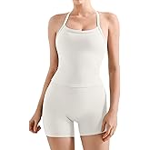 SUUKSESS Women 2 Piece Workout Sets High Waisted Tummy Control Biker Shorts Halter Padded Tank Tops