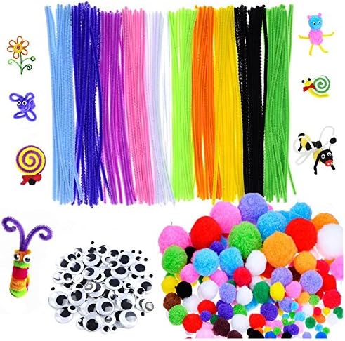500pcs Pipe Cleaners Craft Set - Craft Supplies Set, including 200pcs Self-sticking Wiggle Googly Eyes, 100pcs Pipe Cleaners Chenille Stems &amp; 200pcs Pompoms for DIY School Art Projects by Vicnice