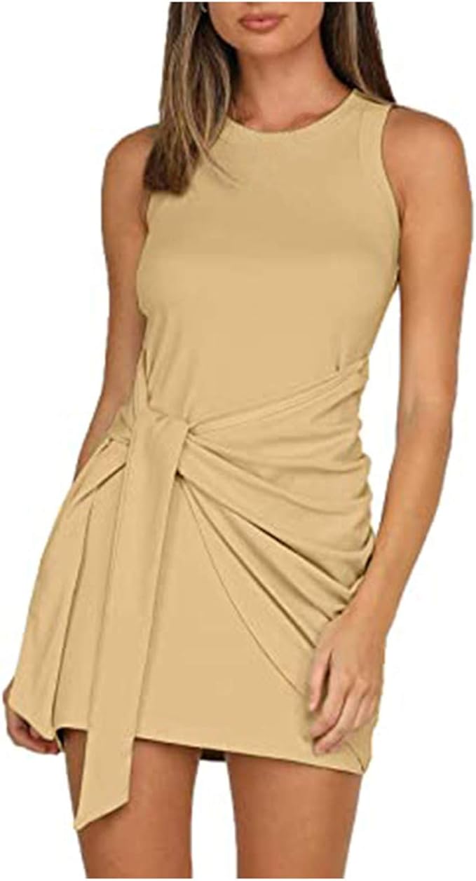 ReooLy Women's Mini Dresses Fashion Sexy Bandage Ribbed Tank Dress Slim