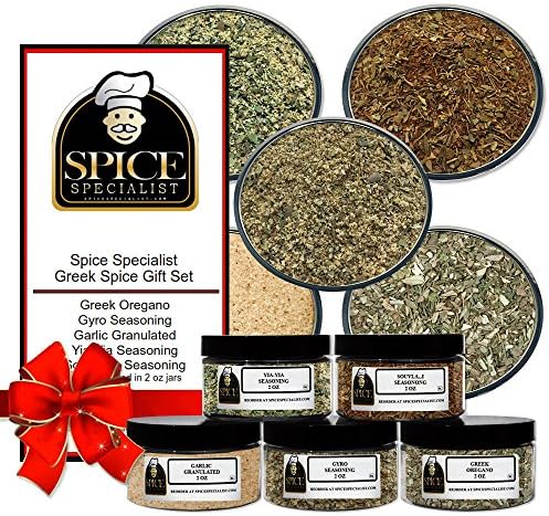 Greek Spices Gift Set - Contains: 5 different spice jars(1 each of: Greek Oregano, Gyro Seasoning, Yia-Yia Seasoning, Granulated Garlic, and Souvlaki Seasoning)