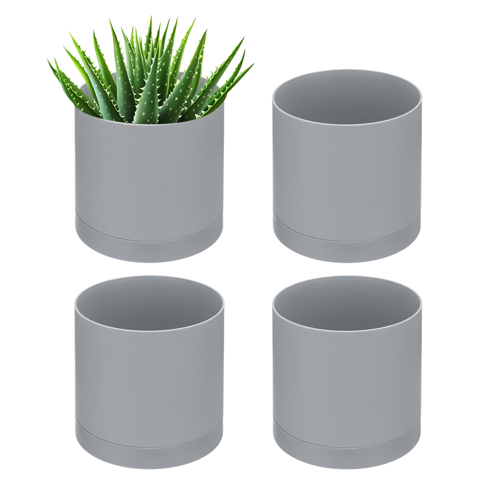 PATIKIL 6 Inch/15cm Plastic Plant Pots, 4 Pack Small Flower Pot Planters with Drainage Holes and Saucer for Home Decor Indoor Plants, Grey