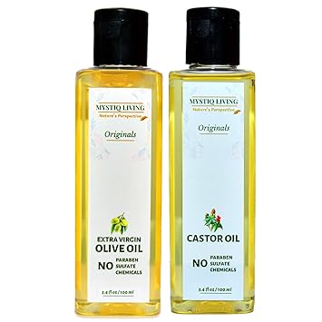 Mystiq Living Combo Extra Virgin Olive Oil and Castor Oil - 100ml each (200ml) | Hair & Skin | Cold Pressed 100% Pure and Natural