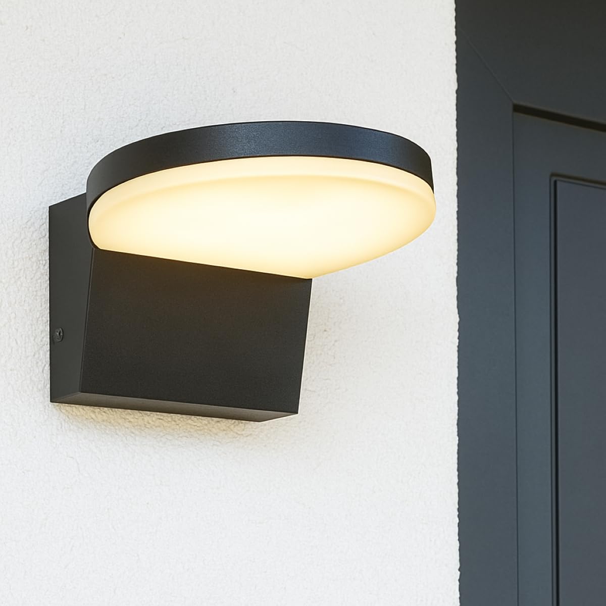 CGC Lighting Outdoor Outside Security Mains Power Wall Light Black Curved LED 4000k Natural White Integrated LED IP65 (Round Black)