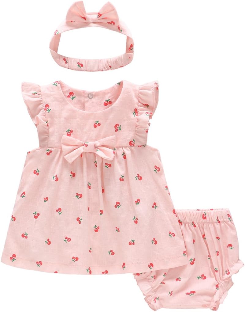 Baby Girls Summer Outfits 3PCS Clothing Sets Ruffle Dress + Shorts + Headband Set for 3-24 Months