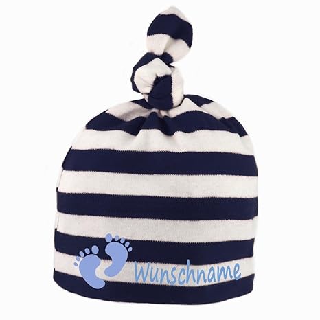 Baby Mütze gestreift mit Knoten personalisiert mit Namen oder Text aus Baumwolle Motiv Füße dunkelblau weiß