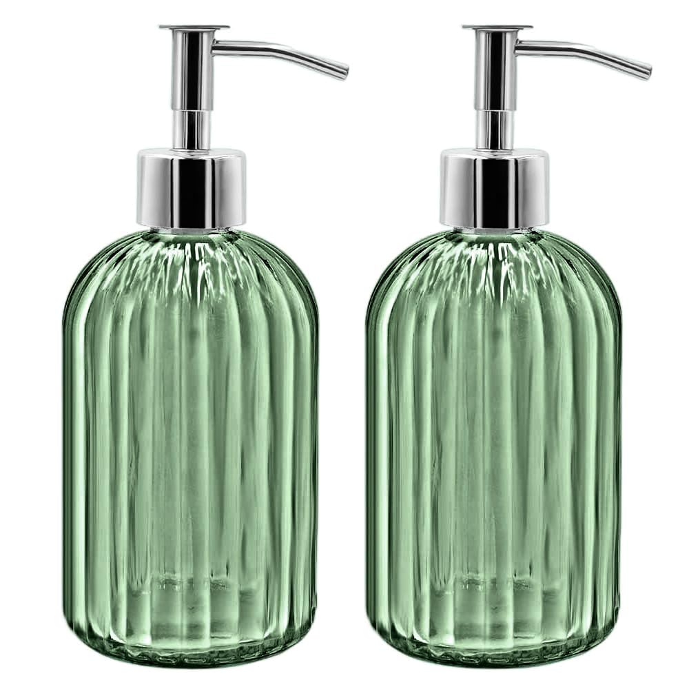 2 Pack Glass Soap Dispenser Bottle with Pump, 14 Oz Refillable Liquid Hand Jar Dispenser for Bathroom, Countertop, Kitchen, Laundry Room (Light Green)