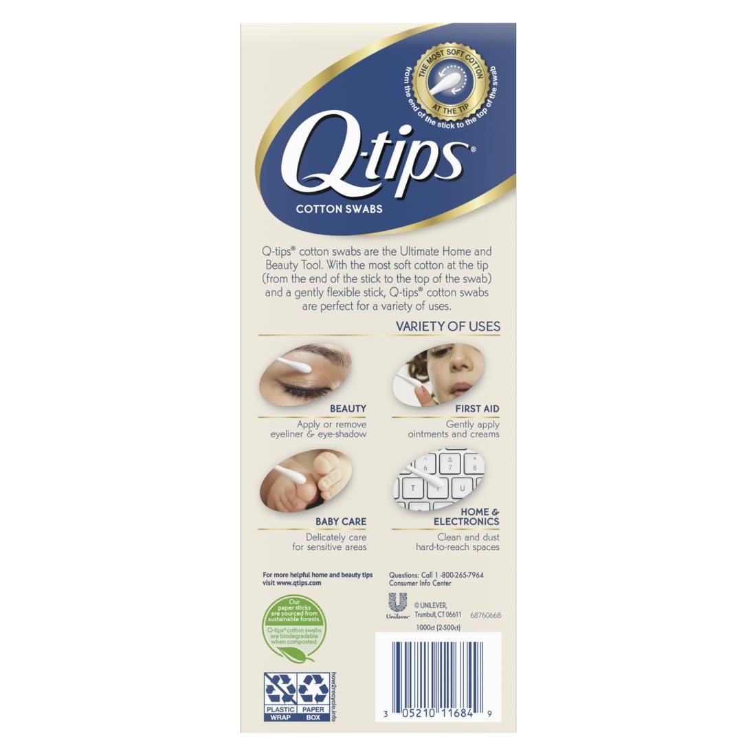 Q-tips Cotton Swabs For Beauty Care Original Cotton Swab Made With 100% Cotton 500 Count (Pack of 2)