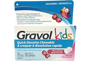 GRAVOL Children's 18 Quick Dissolve CHERRY Chewable Tablets for Anti-Vomiting/Nausea Dye Free
