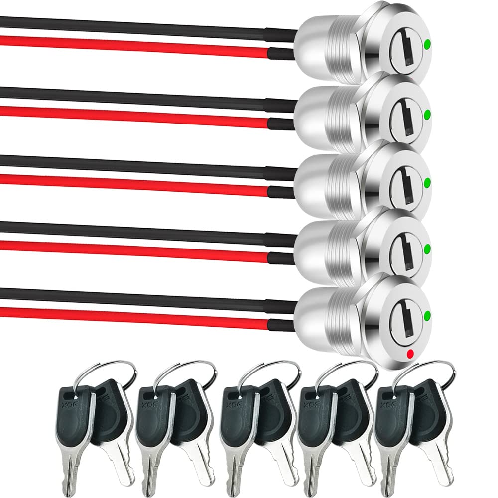Gebildet 5 Sets Prewired Key Lock Switch 12mm On/Off Key Switch Lock SPST Key Removable On Or Off With 2 Keys