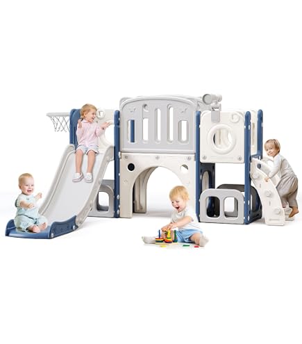 Tobogán Multifuncional Infantil Con Aro De Baloncesto, Volante Y Almacenamiento – Gris Y Blanco – Para Interior Y Exterior