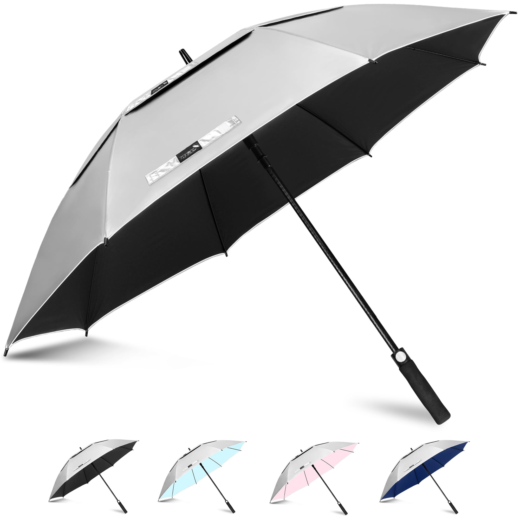 ZOMAKE UV Golf Umbrella for Sun Protection,Large Sun Umbrella Windproof and Rainproof Strong UPF 50+,Reflective Golfing Brolly 50In Unbreakable for Men Women (Silver/Black)