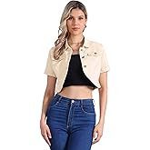 Allegra K Casual Denim Jacket for Women's Turndown Collar Short Sleeves Crop Jean Jackets