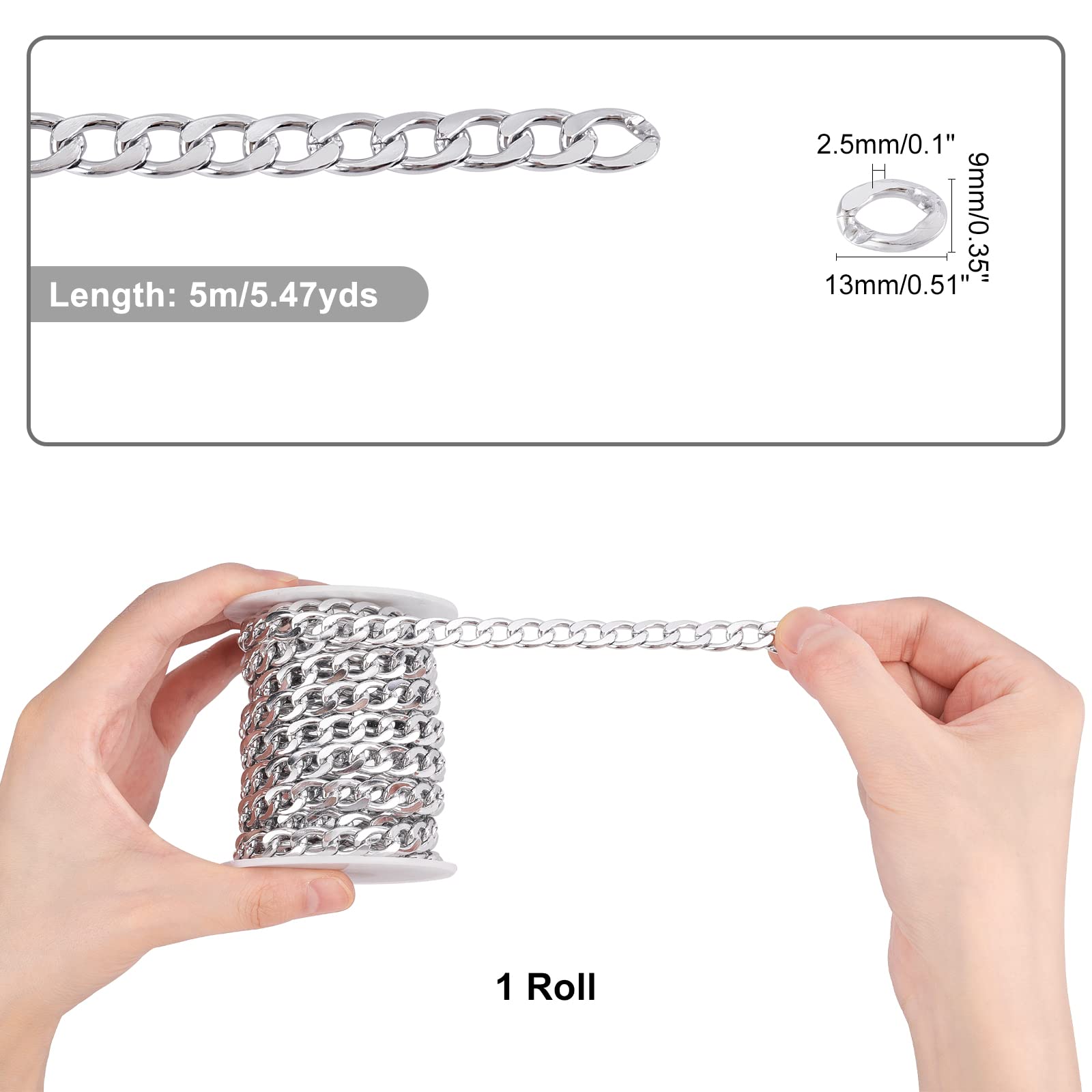 CHGCRAFT 16.4 Feet Aluminium Curb Chains Smooth Surface Charm Unwelded Connector Chain with Spool Silver Color Chains for Necklace Jewelry Accessories DIY Making, 0.5x0.35x0.1inch