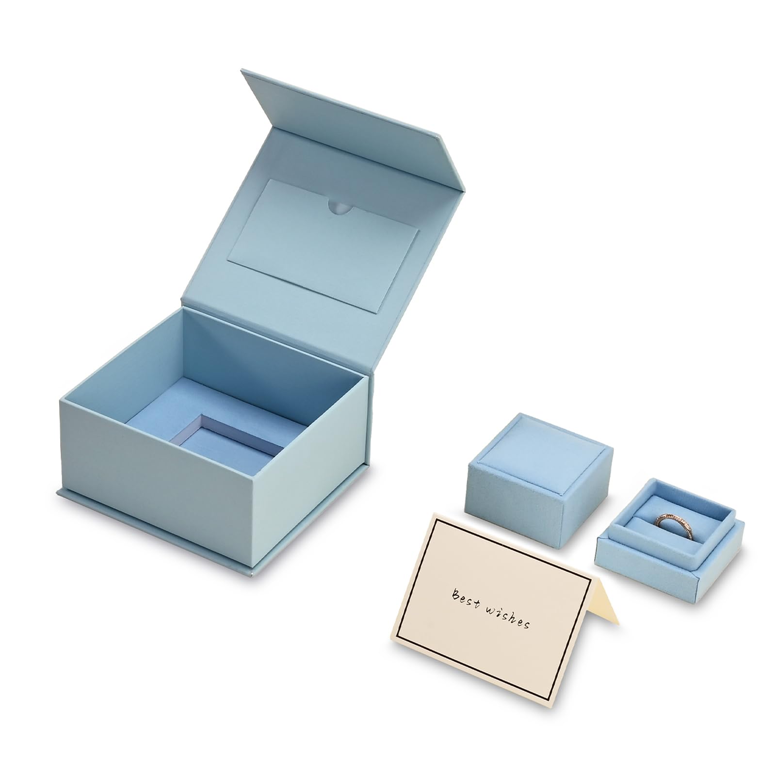 Oirlv Ring Gift Box with Lid Magnetic Boxes for Wedding Proposal Gift Birthday Present with Card(Blue)