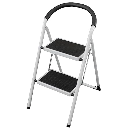 Klapptrittleiter 2-stufig weiß mit Kunststoff-Auflagen Trittleiter Stahl Klapptritt Klappleiter Tritt Leiter Haushaltsleiter 