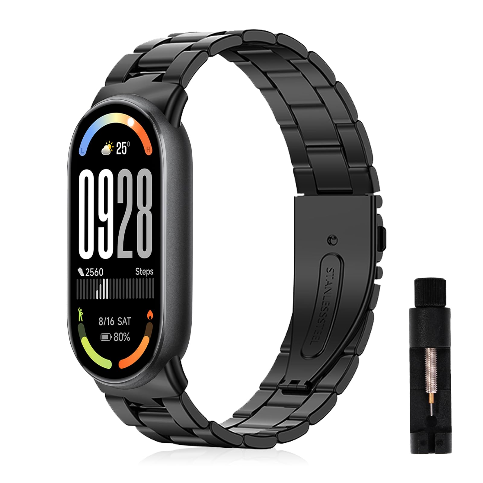 SeNool Strap for Xiaomi Smart Band 10/ Band 9/ Band 8, Metal Stainless Adjustable Replacement Smart Watch Strap Band for Men Women for Xiaomi Mi Band 10/9/ 8 - Black