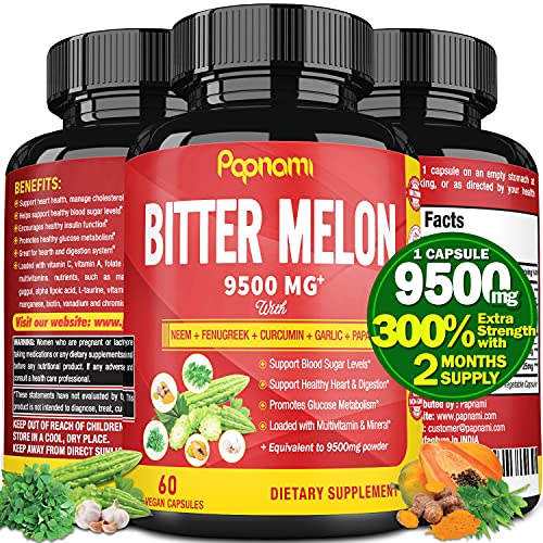 Organic Bitter Melon Extract Capsules 9500mg with Neem, Fenugreek, Curcumin, Garlic, Papaya
