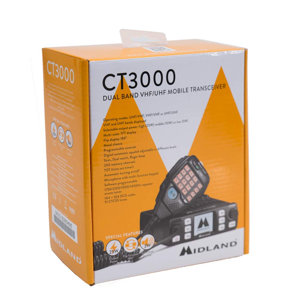 Midland CT3000 CB Radio Dual Band VHF/UHF Transceiver, Radio CB with Microphone, 200 Customizable Memory Channels, IP54, Digital Squelch, Wide Colorful TFT Display and 3 Selectable Bandwidth Levels