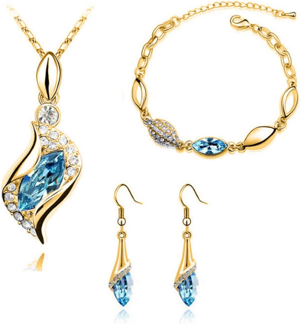 Women Colorful Gold Jewelry Set Fashion Crystal Necklace Bracelet Earrings