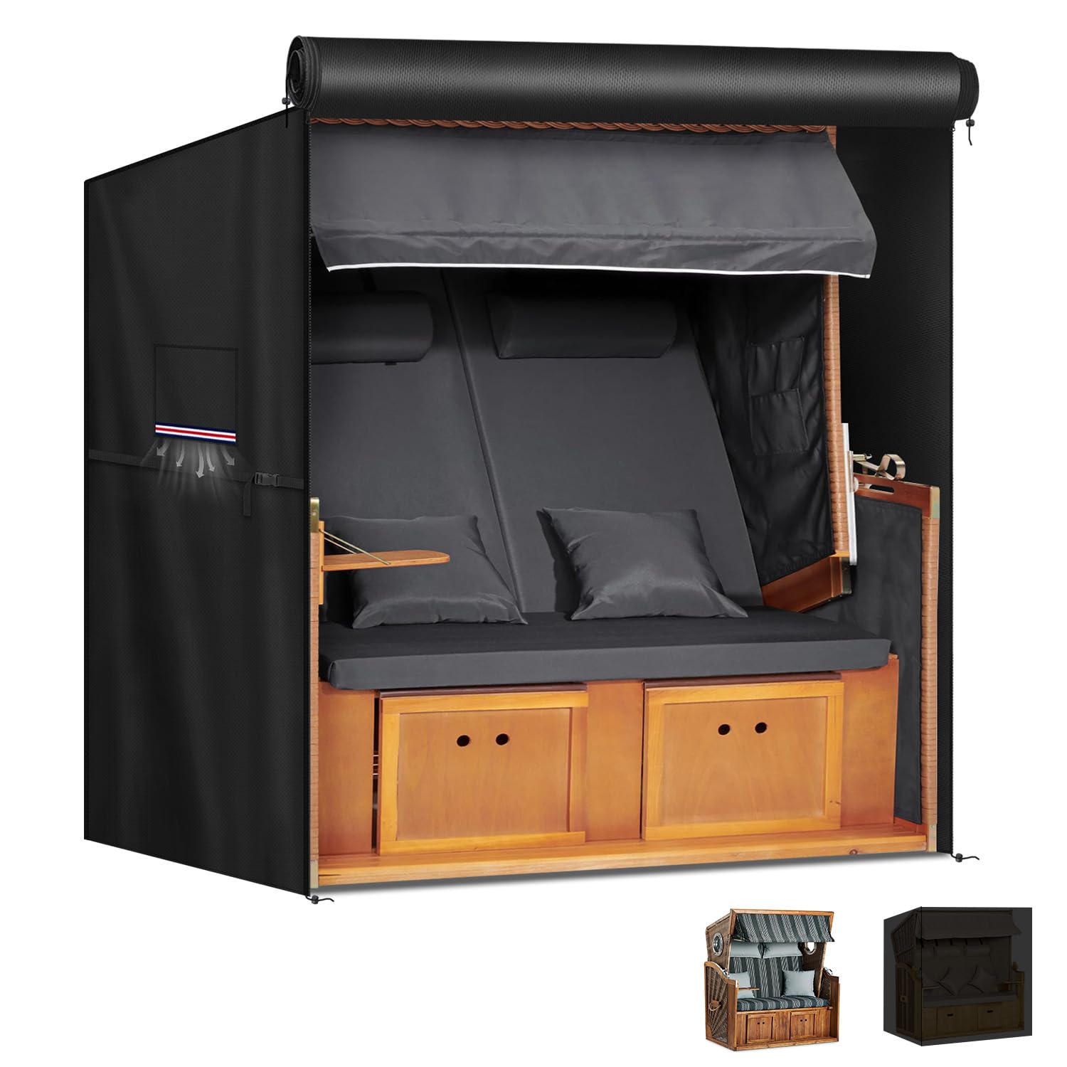 LAMUNI Beach Chair Protective Cover Windproof Roofed Wicker Beach Chairs Covers, 420D Oxford Protective Cover for Beach Chairs with Zips and Air Vents, Waterproof & UV-Resistant, 155x95x165/145cm