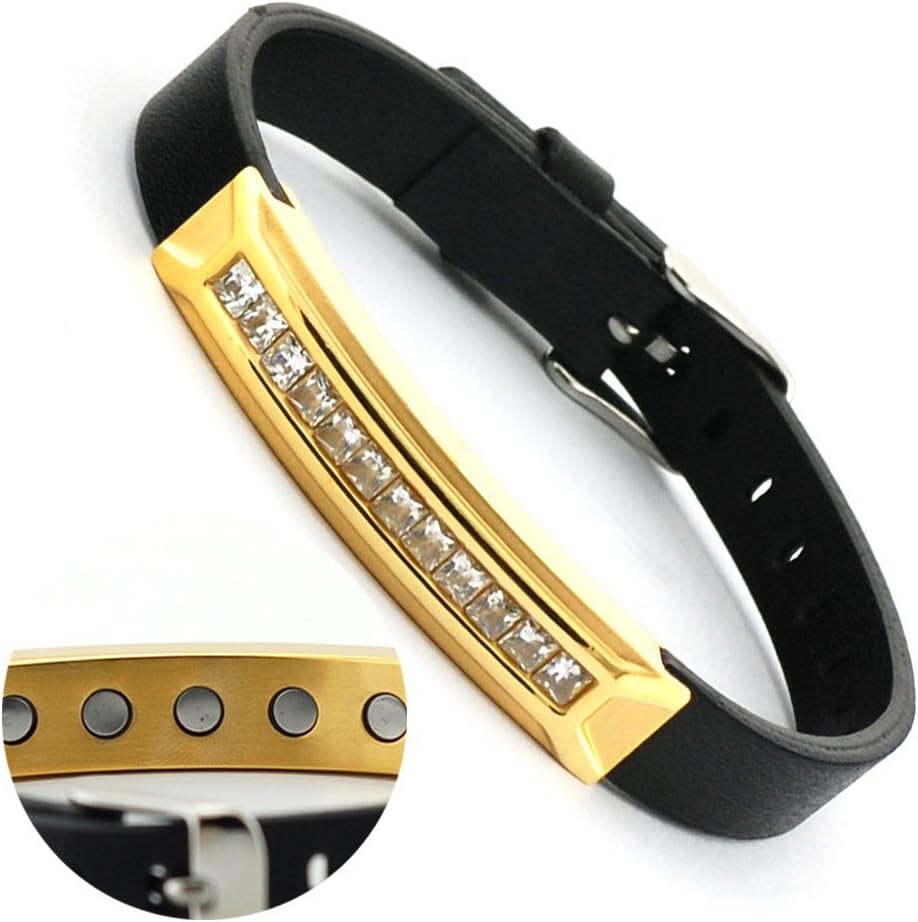 Wollet Magnetic Therapy Bracelet with 5 Strong Magnets for Arthritis Pain Relief Gold Stainless Steel Sport Genuine Black Leather Retro Bracelet for Men Women Adjustable Size Fashion Jewelry Healthy
