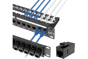 Tecmojo 24-Port Cat6 UTP Patch Panel with Inline Keystone Couplers, 10G Pass-Thru, 19-Inch 1U Rack Mount with Removable Back Bar, Network Patch Panel for Cat6/Cat5e/Cat5 Cabling