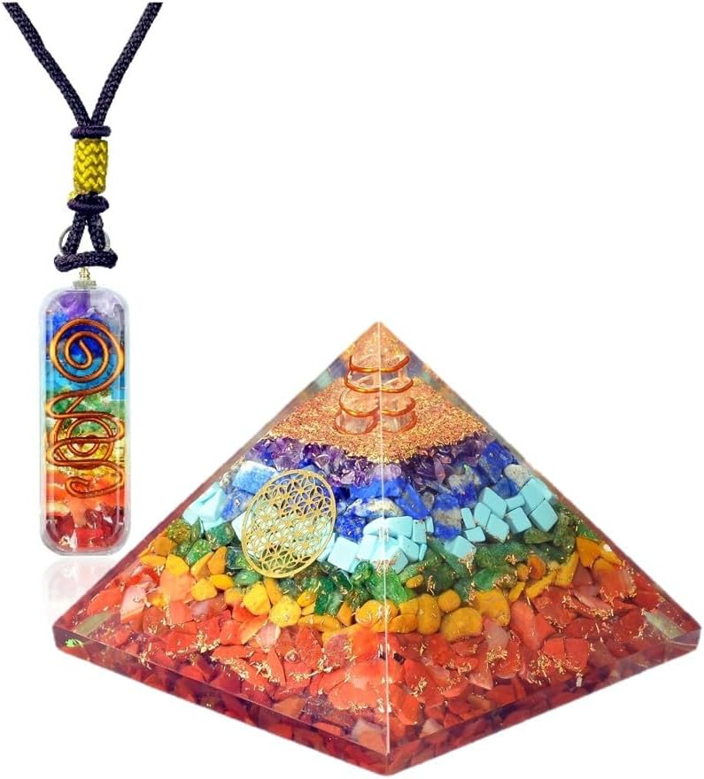 Mixed Media - Orgonite Crystal Seven chakra FOL pyramid & Pendant Set, Orgonite Pyramid for Energy Healing - Orgonite Kit - Protection With Seven Chakra Orgonite Necklace