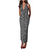 BEAUDRM Women's Polka Dots Halter Dress Elegant Button Front Tie Backless Bodycon Pencil Party Dresses