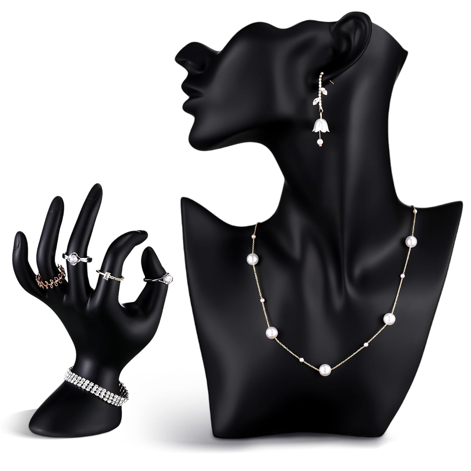 Photo 1 of Yalikop 2 Pcs Resin Jewelry Mannequin Display Set Including Boutique Bust Holder and Hand Ring Holder Necklace Stand Display Earring Holder Organizer for Bracelets Pendant Shows Selling (Black)