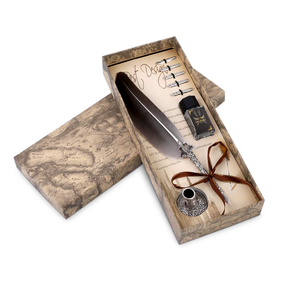 Quill Pen and Ink Set, Calligraphy Feather Set for Beginners Kids Antique Quill Pen Gift Set Stationery Gift Box with 5 Nibs, for Writing Drawing and Practicing Calligraphy