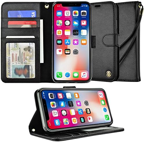 iPhone X / 10 Case, iPhone X / 10 Wallet Case, caseen Ciro Leather Slim TPU Folio Wristlet w/ Stand. ID Pocket, Flip Cover for Apple iPhone X / iPhone 10 (Black)