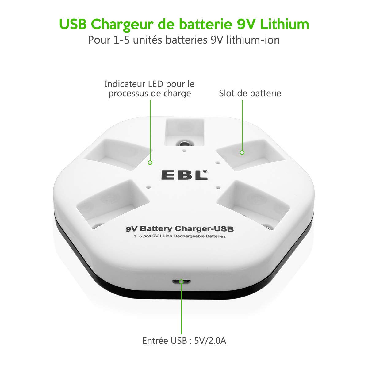 EBL chargeur de batteries rechargeables 9V lithium avec 5 slots de charge pour les piles 9V en lithium