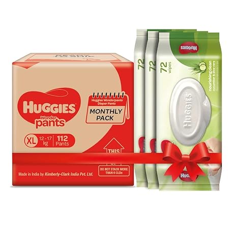 Huggies Wonder Pants Diapers Monthly Pack, Extra Large (112 Count) & Huggies Baby Wipes - Cucumber & Aloe, Pack of 3 (216 Wipes)