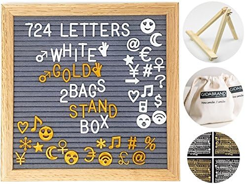 Felt Letter Board 10x10 Inches with Stand | 724 Changeable Letters Signs Including Emoji Numbers Symbols | Oak Wood Frame Letterboard with Metal Hanger and 2 Canvas Bags (Gray)