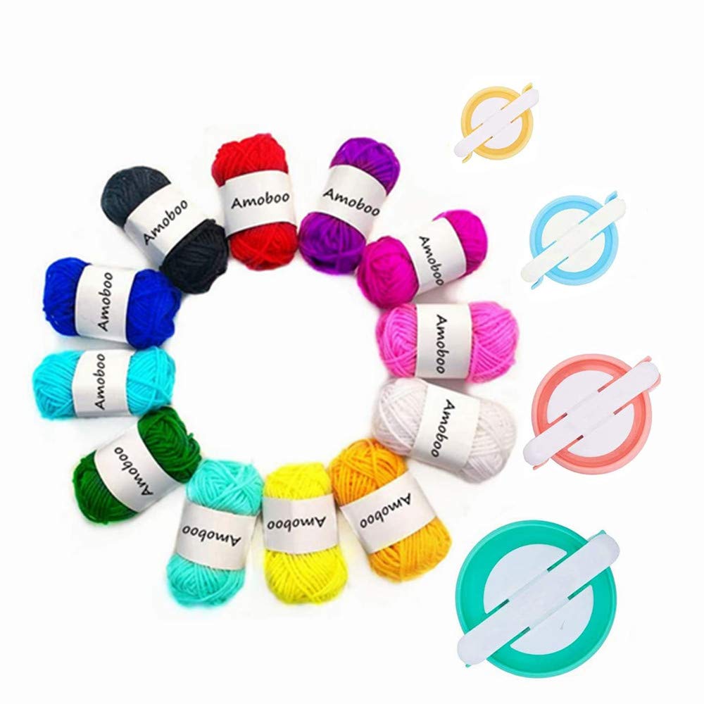 Pom pom Maker, 4 Sizes Pom-pom Maker Fluff Ball Weaver Needle Craft DIY Wool Knitting Craft Tool Set for Beginner +12pcs Yarn (16)