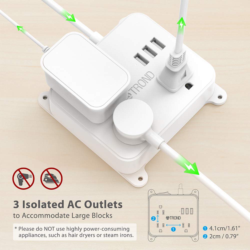 For Cruise Ship Hotel Nightstand Office Flat Plug Wall Mount 3 Widely Spaced Outlets 4 5ft Extension Cord Power Strip With Usb Trond Multi Plug Outlet Splitter With 3 Usb Ports Tools