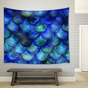 Seamless Background with Hand Drawn with Watercolor Fish Scales. Mermaid Tale - Fabric Wall Tapestry Home Decor - 51x60 inches