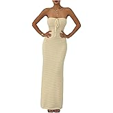 SOLY HUX Women's Summer Crochet Tube Maxi Dress Tie Front Strapless Sleeveless Bodycon Knit Long Dresses