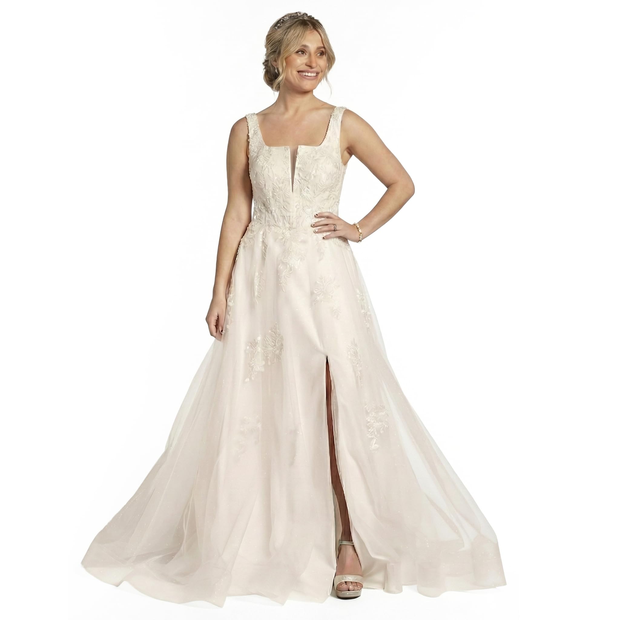 Photo 1 of Size 20WDavid's Bridal The Edit Square Neck Tulle and Lace Ball Gown Wedding Dress, Soft White Bridal Gown with Illusion Lace Bodice, Sweep Train and Pockets