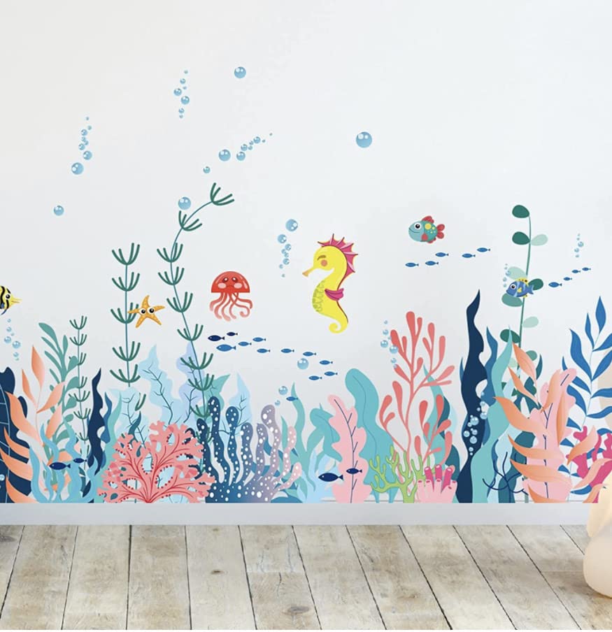 Seaweed World Wall Stickers DIY Seaplants Fish Wall Decals for House Kids Rooms Baby Bedroom Bathroom Decoration