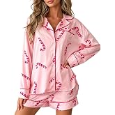 Women Christmas Pajamas Shorts Set Santa Claus Pjs Long Sleeve Button Down Shirt+Pants 2 Piece Xmas Jammies Loungewear