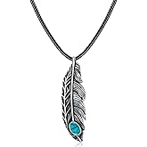 PEIMKO Feather Turquoise Pendant Necklace for Women Men 925 Sterling Silver Feather Pendant with 4 * 6mm Turquoise Vintage Pendant Necklace 18+2 Leather