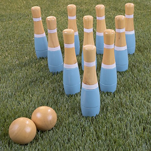 Hey!Play! Lawn Bowling Game/Skittle Ball- Indoor/Outdoor Fun for Kids, Adults -10 Wooden Pins, 2 Balls & Mesh Bag Set, 8 Inch, Blue/White - Thumbnail 4