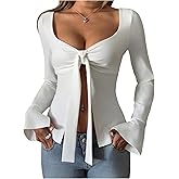 WDIRARA Women's Tie Front Long Bell Sleeve T Shirts Sexy Deep V Neck Slim Fit Blouse Tops