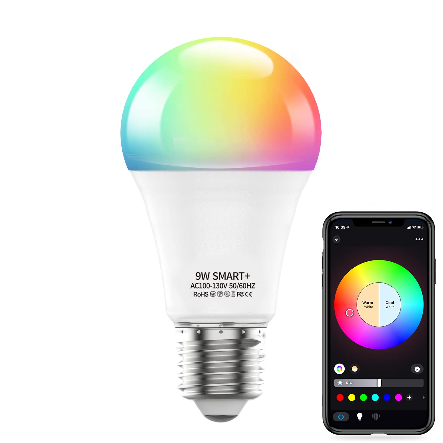 Magic Hue Smart Light Bulb WiFi & Bluetooth Connect, RGBCW Color Changing Dimmable LED Bulbs A19 E26 9W (80W Equivalent) Works with Alexa, Google Home, Siri Shortcut, No Hub Required, 1 Pack