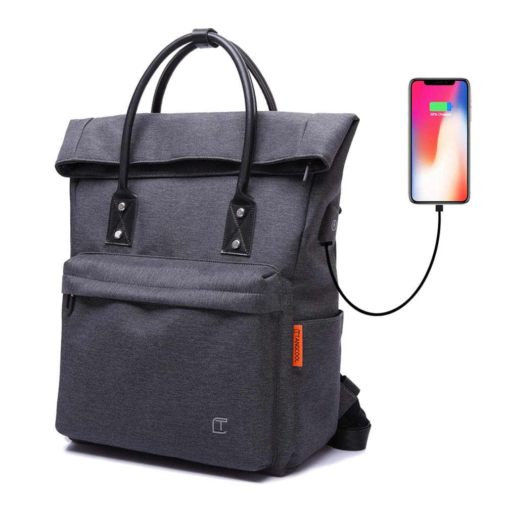 TC Tote Bag Backpack Convertible with USB Charging Lightweight Waterproof School Travel Daypack Fit Under 15-inch Laptop Fashion & Casual Foldable Backpack for Women Men, Black